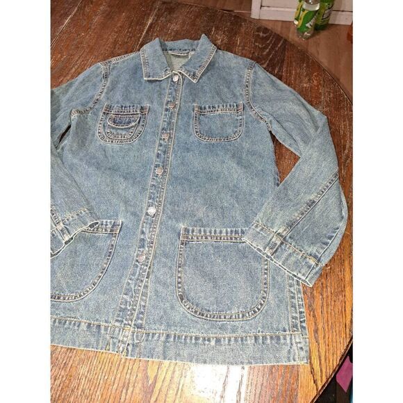 Small Size 4 Chicos Size 0 Long Sleeve Button Front Denim Blue Jean Jacket - Picture 2 of 6